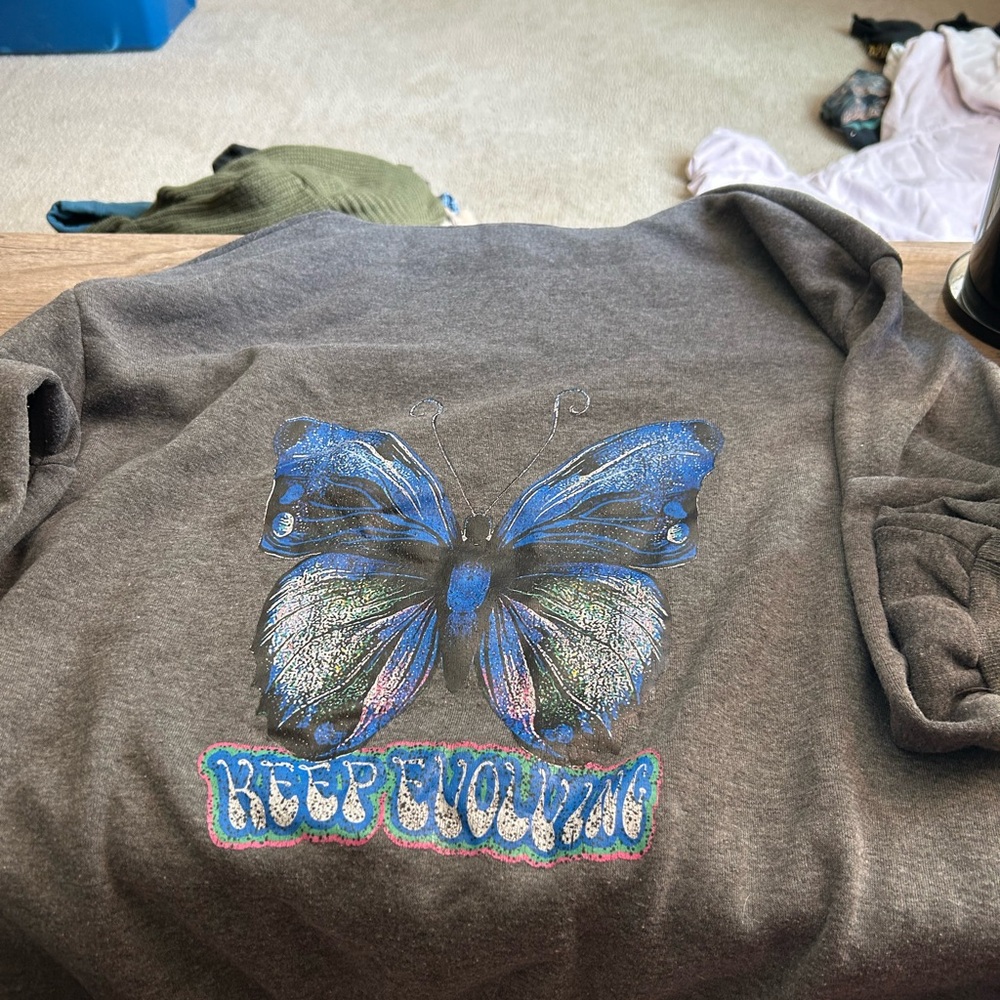 Gray Sweatshirt with Blue Butterfly Design